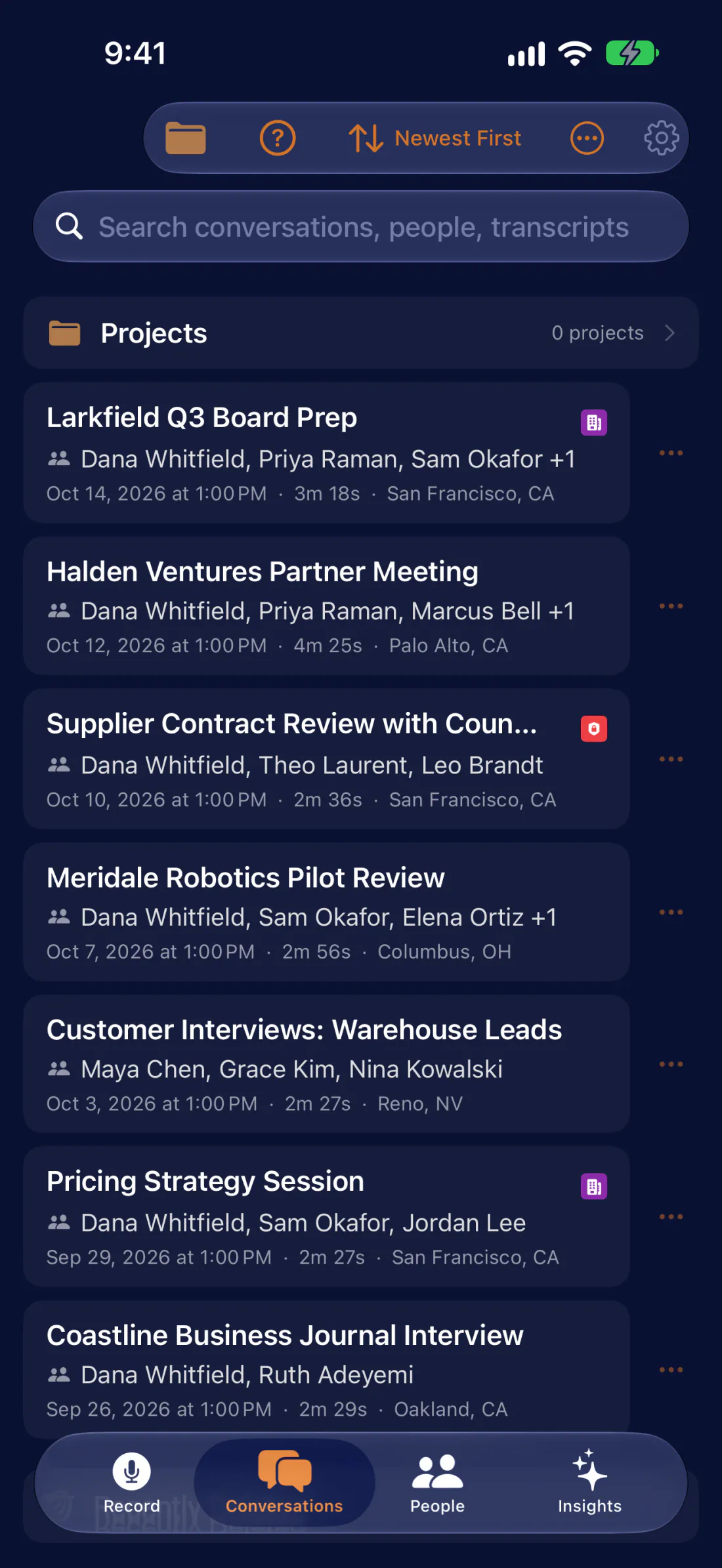 Bonfiyah on iPhone, the Conversations screen: each meeting with the names of the people in it, the same people appearing across meetings.