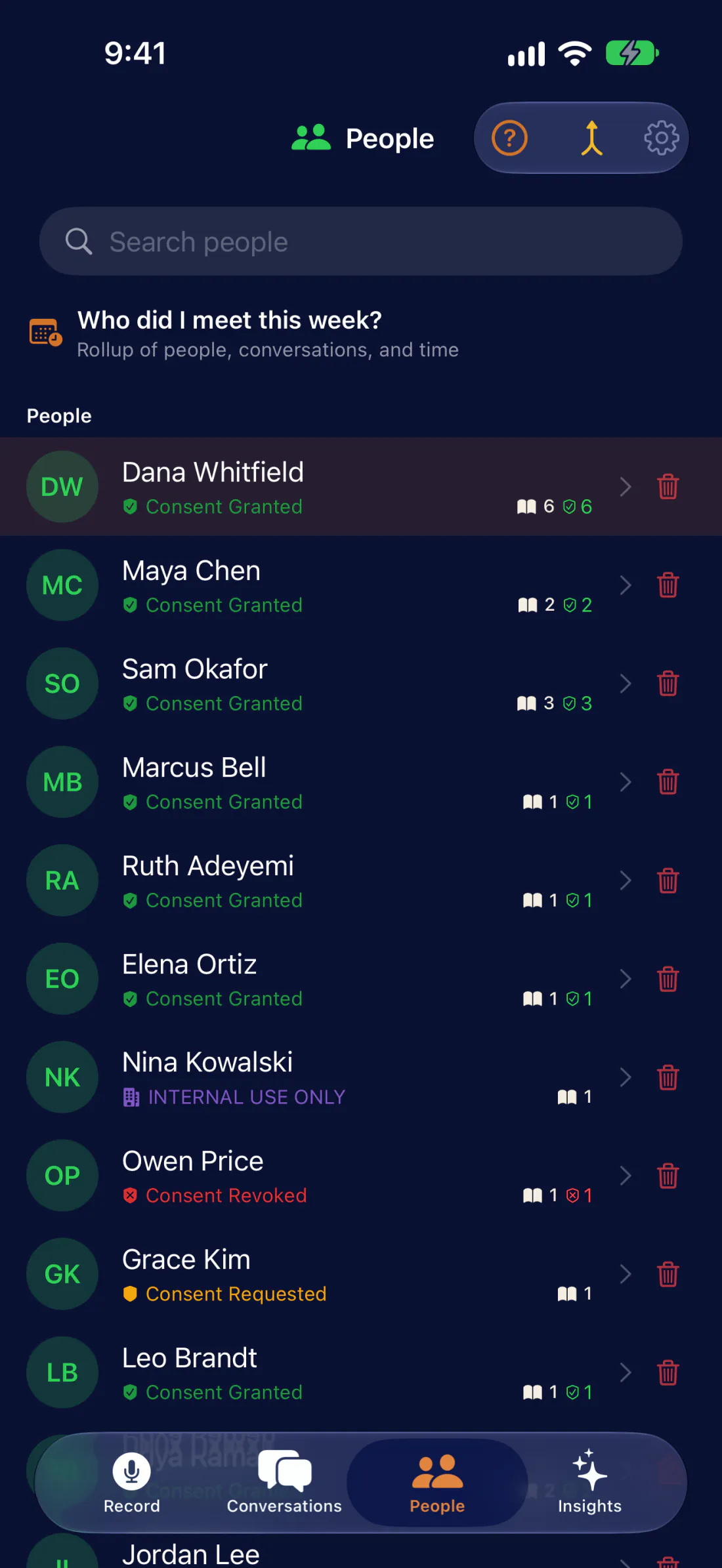 Bonfiyah on iPhone, the People screen: everyone you have recorded with, by name, with their consent status.